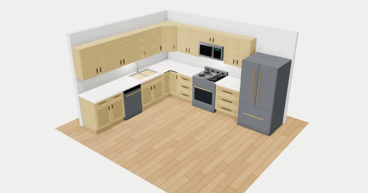 L-shaped kitchen with cabinets and appliances built in the free WoodArt 3D kitchen designer