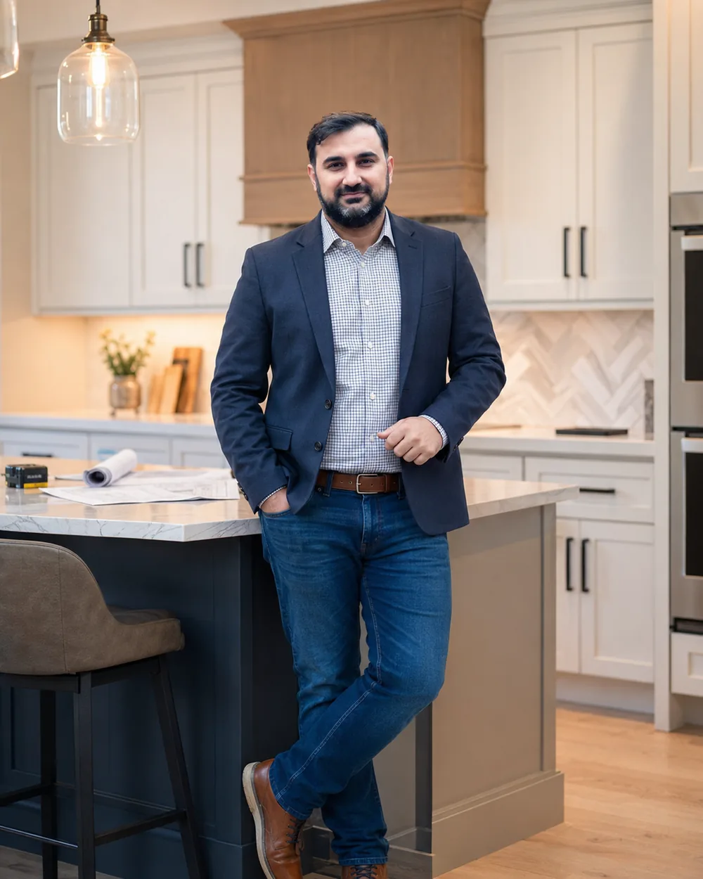 Ismail Kirboga — founder of WoodArt Cabinets, standing in a kitchen with shaker cabinets and a marble island in San Antonio