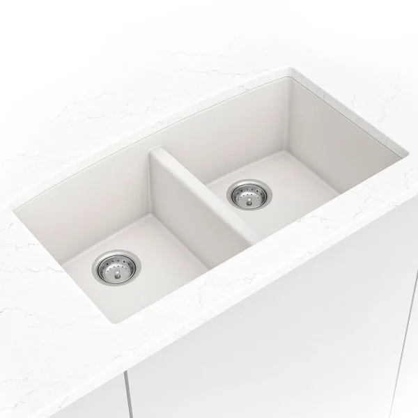 White Quartz Double Bowl 50/50-3219 sink — MSI Surfaces at WoodArt Cabinets San Antonio