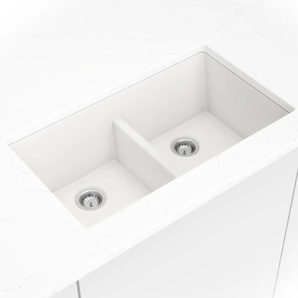 White Quartz Double Bowl 50/50-3319 sink — MSI Surfaces at WoodArt Cabinets San Antonio